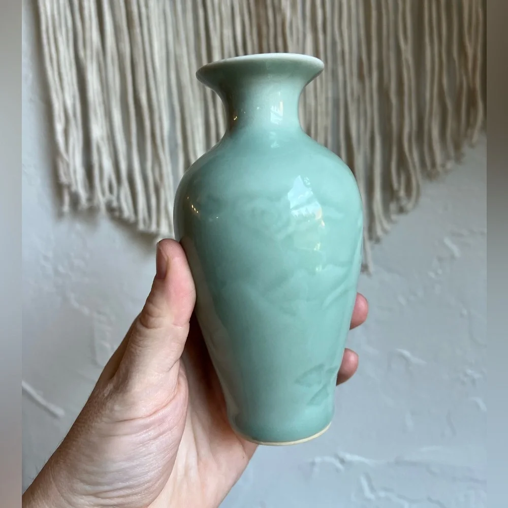 Celadon Green Bud Vase – 6” Ceramic – Asian Pottery – Chinoiserie Decor